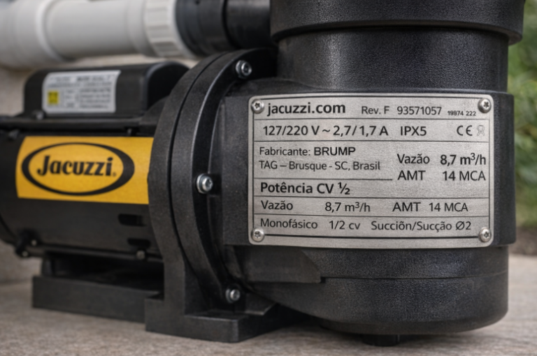 Bomba de piscina Jacuzzi 5A-M instalada com placa de identificação visível, destacando potência, vazão e tensão elétrica.