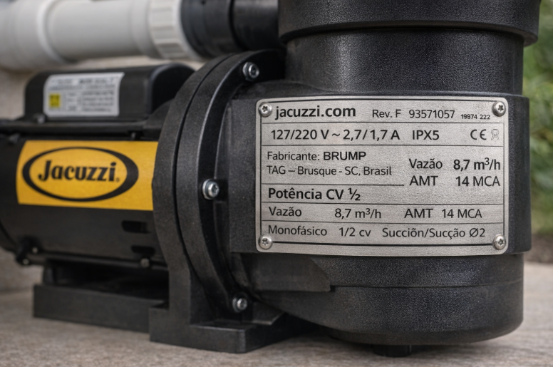 Bomba de piscina Jacuzzi 5A-M instalada com placa de identificação visível, destacando potência, vazão e tensão elétrica.