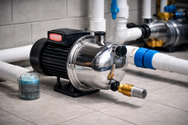 Bomba hidráulica autoaspirante instalada na casa de máquinas da piscina, conectada à tubulação e em funcionamento.