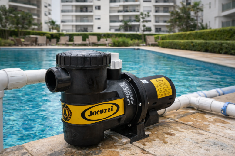 Bomba para piscina Jacuzzi 3A-T 1/3cv instalada em piscina de condomínio, em operação diária e ambiente real
