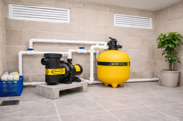 Casa de máquinas de piscina organizada, com bomba instalada em base elevada e aberturas de ventilação visíveis.