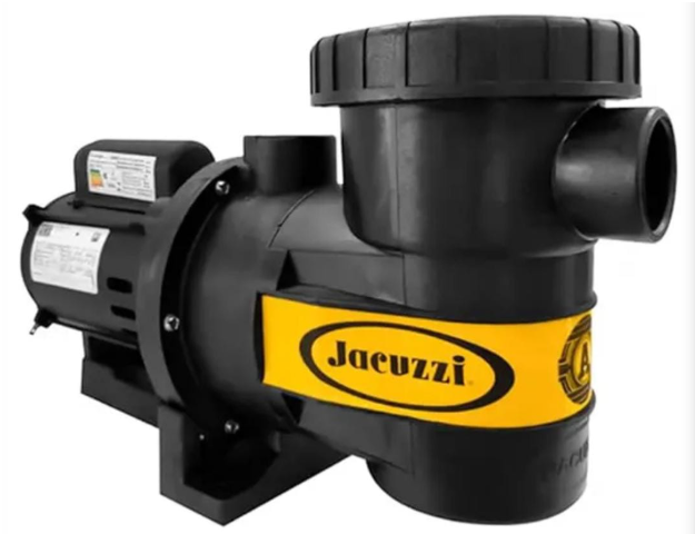 Bomba para piscina Jacuzzi 1A-M 1cv preta com detalhe em amarelo e pré-filtro integrado para filtragem residencial.
