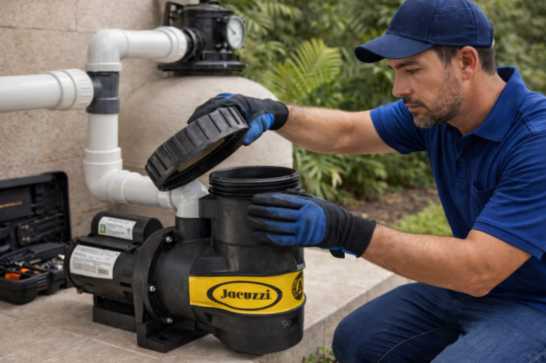 Técnico realiza manutenção anual em bomba de piscina Jacuzzi instalada em residência, com filtro e tubulações conectadas.