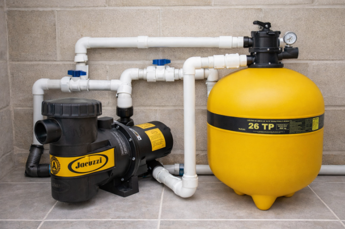 Casa de máquinas com bomba e filtro de piscina instalados lado a lado, tubulação organizada e acabamento profissional.