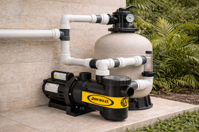 Bomba de piscina Jacuzzi instalada corretamente, conectada ao filtro de areia e tubulações em casa de máquinas organizada.