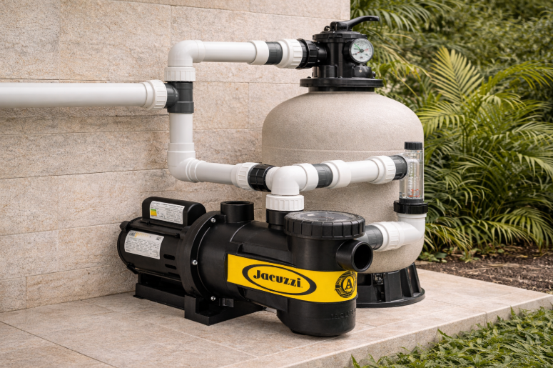 Bomba de piscina Jacuzzi instalada corretamente, conectada ao filtro de areia e tubulações em casa de máquinas organizada.