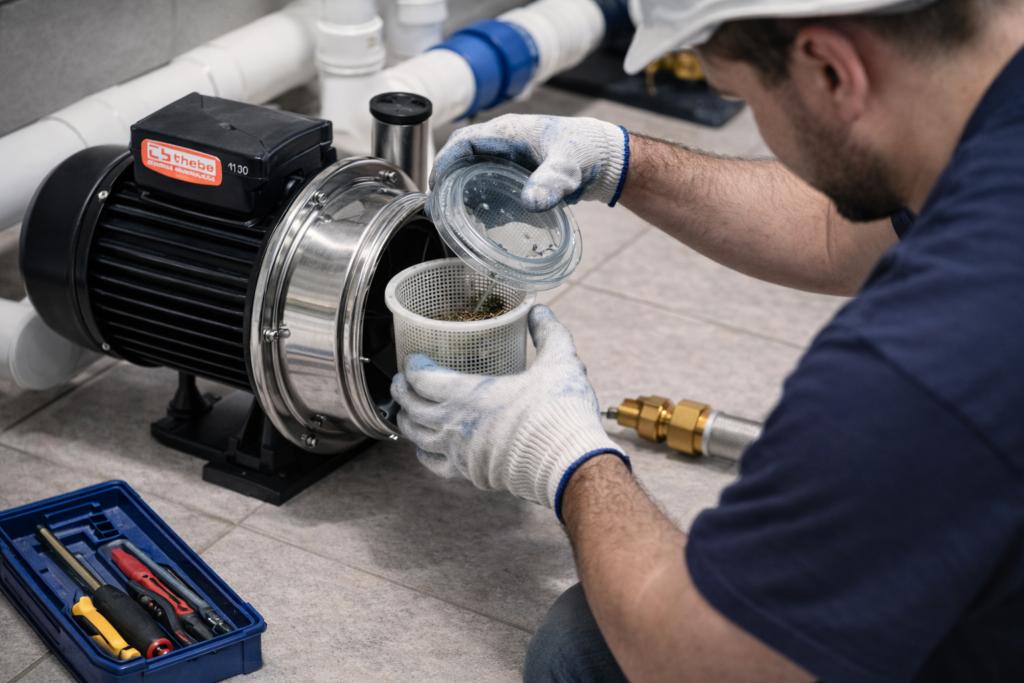 Técnico realizando manutenção preventiva em bomba hidráulica de piscina, limpando o pré-filtro e verificando conexões.