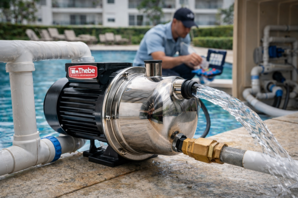 Bomba autoaspirante instalada em sistema real de piscina, garantindo circulação contínua e filtragem eficiente da água.