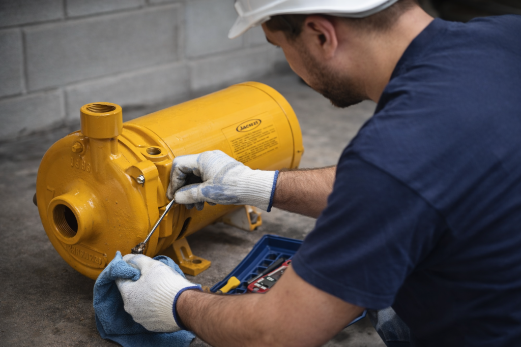 Técnico realizando manutenção preventiva em bomba centrífuga Jacuzzi instalada em ambiente técnico.
