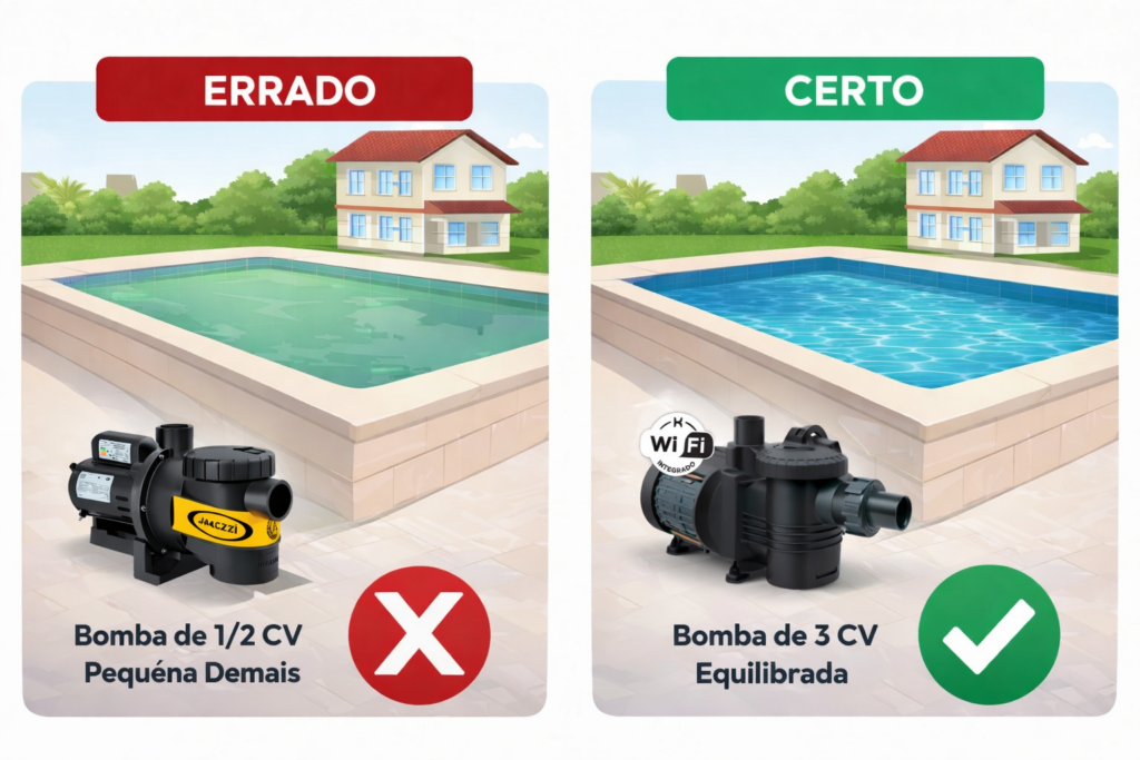 Comparação entre bomba de piscina Jacuzzi subdimensionada e bomba Komeco adequada, mostrando água turva no erro e água limpa no acerto.