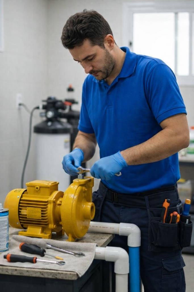 Técnico de uniforme azul realizando manutenção em uma bomba hidráulica amarela sobre uma bancada de oficina.