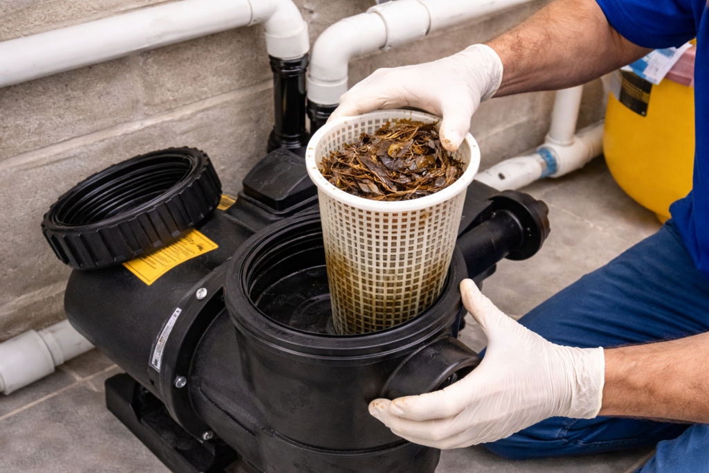 Técnico retira cesto do pré-filtro da bomba de piscina, mostrando acúmulo de folhas e sujeira antes da limpeza.