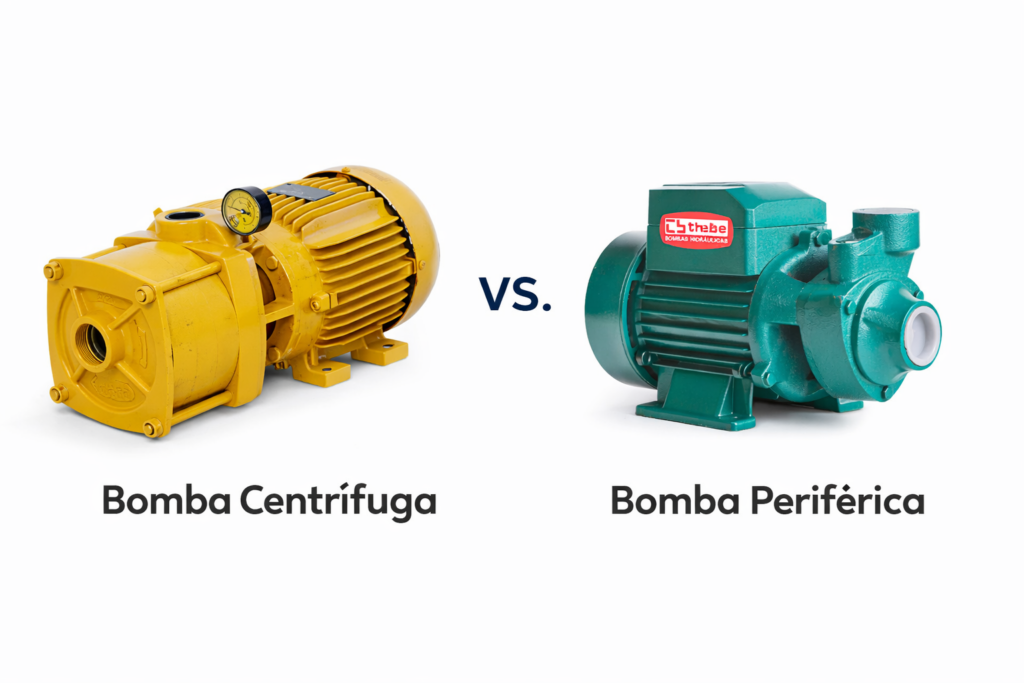 Bombas de piscina lado a lado, mostrando modelos centrífugo e periférico com pré-filtro de tamanhos diferentes para comparação