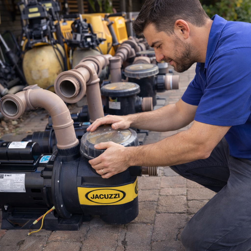 Técnico realizando manutenção em bomba para piscina Jacuzzi, ajustando a tampa do pré-filtro em área externa com outras bombas ao fundo.