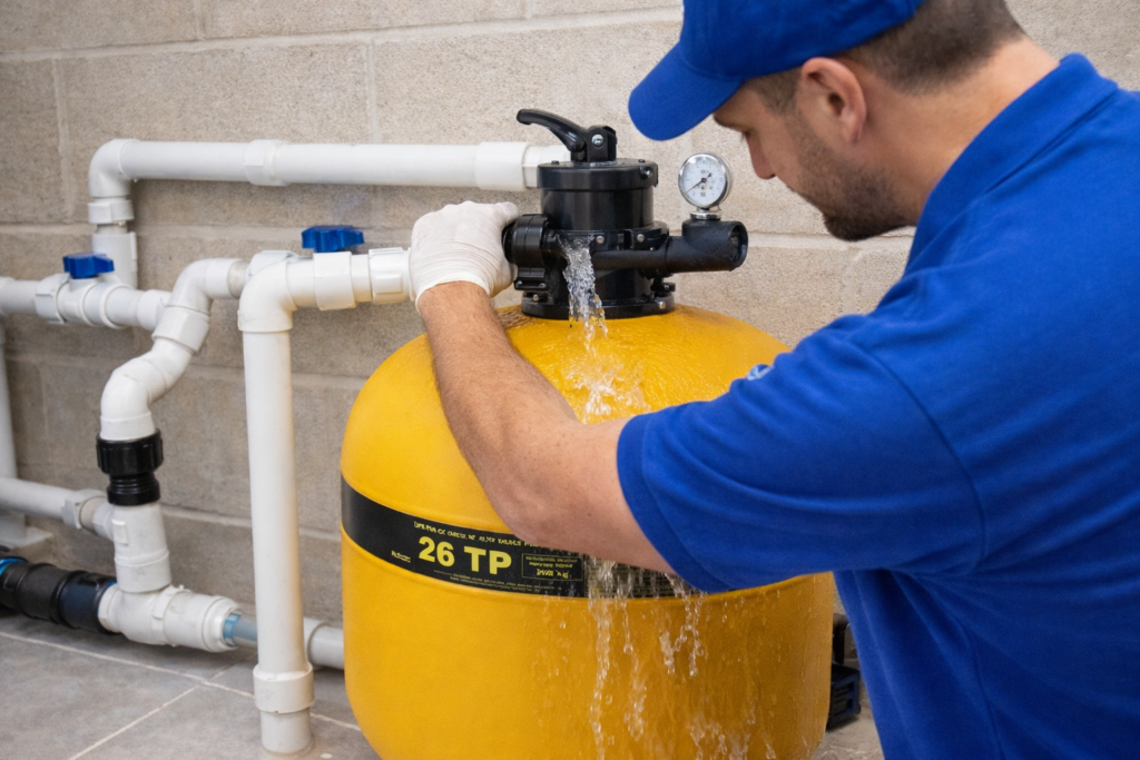 Técnico realiza limpeza e manutenção de filtro de piscina instalado em casa de máquinas com tubulação organizada.